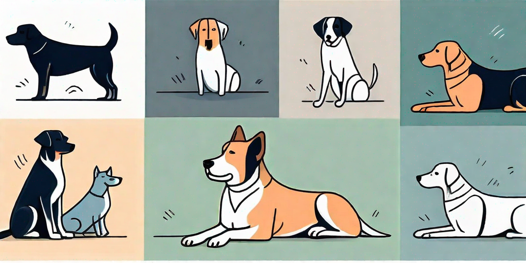 Various breeds of dogs showcasing different behaviors such as sitting