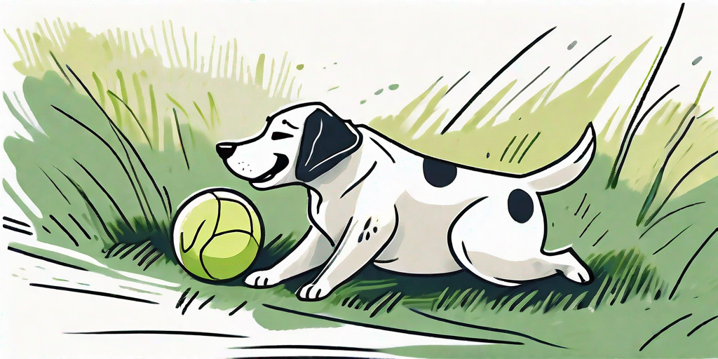 A playful dog rolling a ball on a grassy field