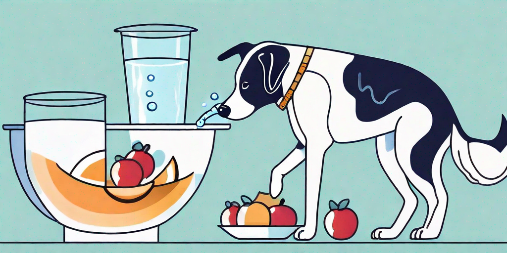 A dog drinking water from a bowl with a measuring cup nearby