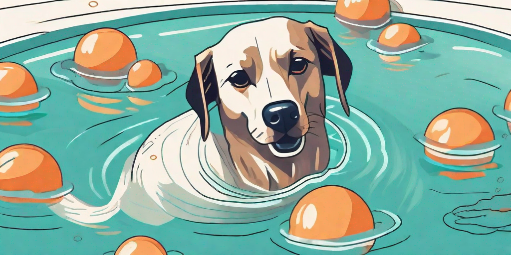 A dog swimming in a hydrotherapy pool with floating toys