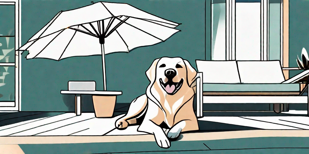 A dog happily lounging under a large umbrella