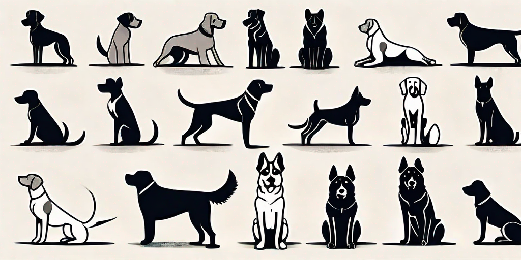 A variety of dogs in different poses that represent common training commands such as sit