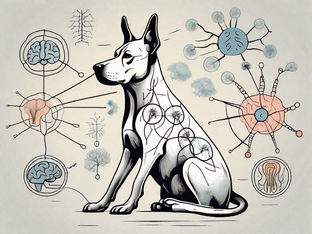 A dog sitting calmly with various icons of brain