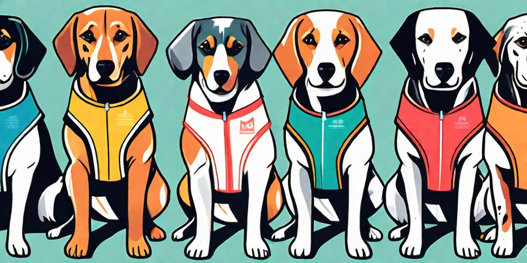 Several different types of dogs wearing brightly colored swim vests