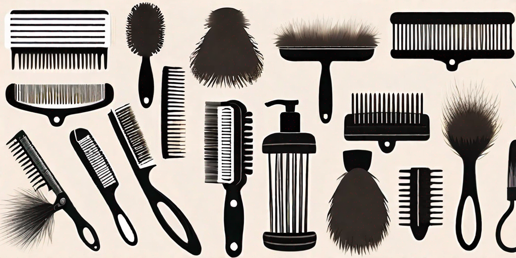 Various pet grooming tools like brushes and combs