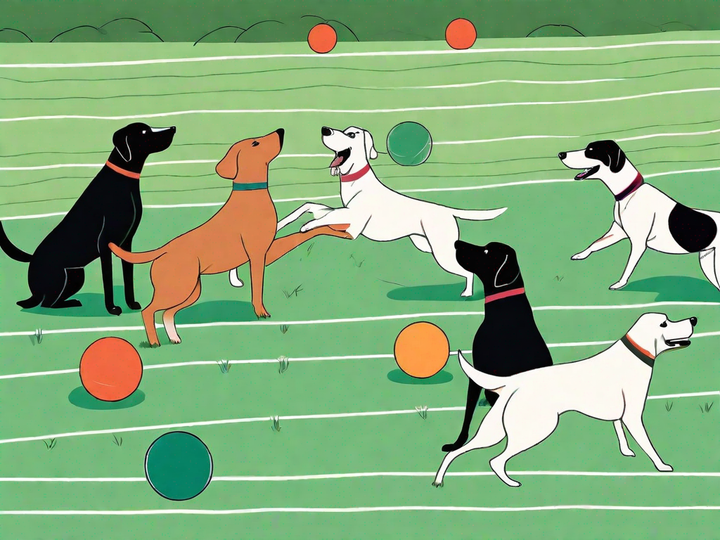 Several different breeds of dogs engaging in a game of treibball