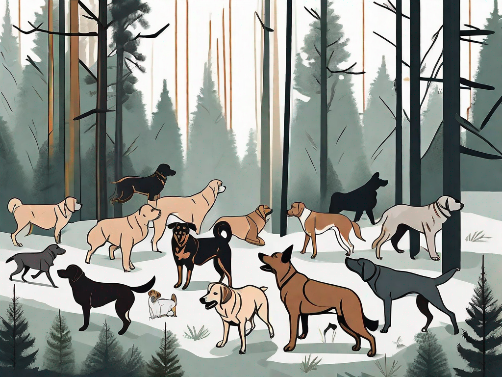 A variety of dog breeds in a forest environment