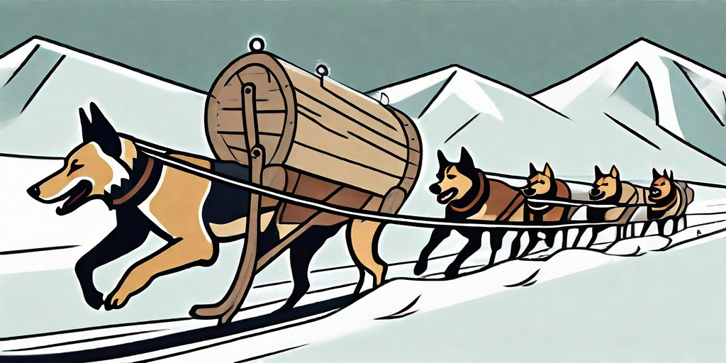 A group of robust sled dogs pulling a traditional wooden sled through a snowy landscape