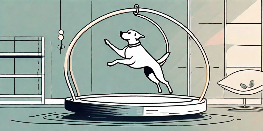 A playful dog mid-jump through a floating hoop