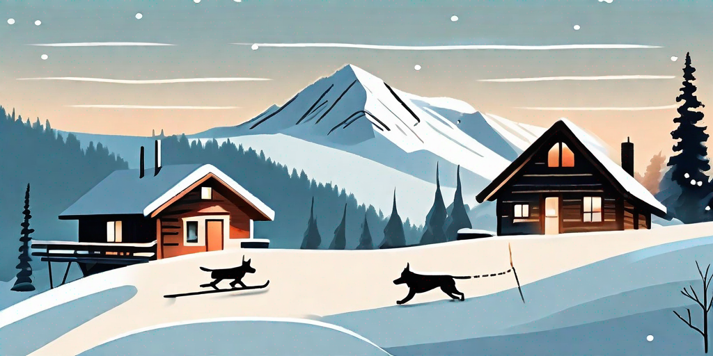 A snowy landscape with various dog-friendly winter activities like a dog sled