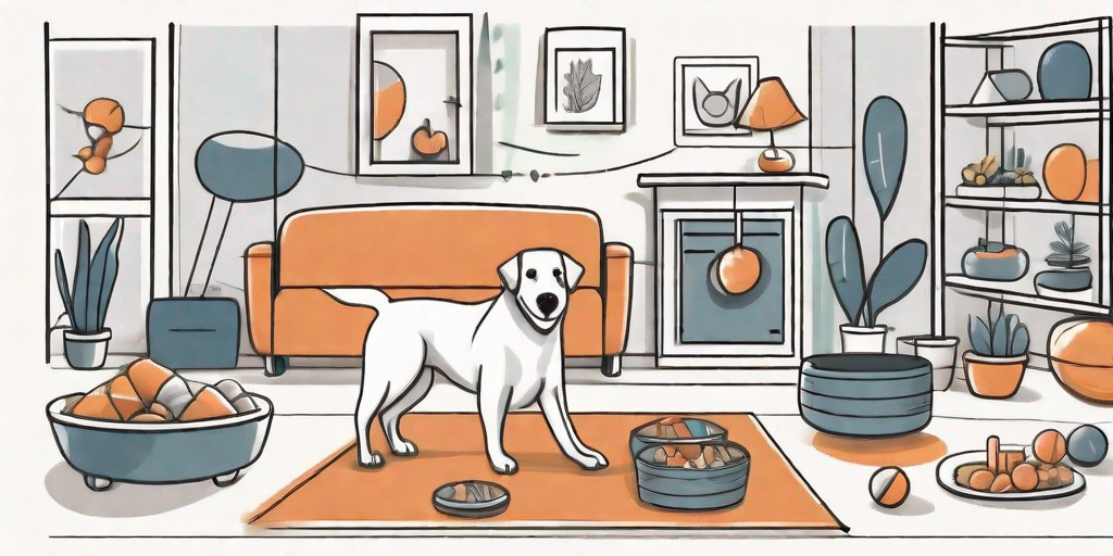 A playful dog at home surrounded by various entertaining items such as toys