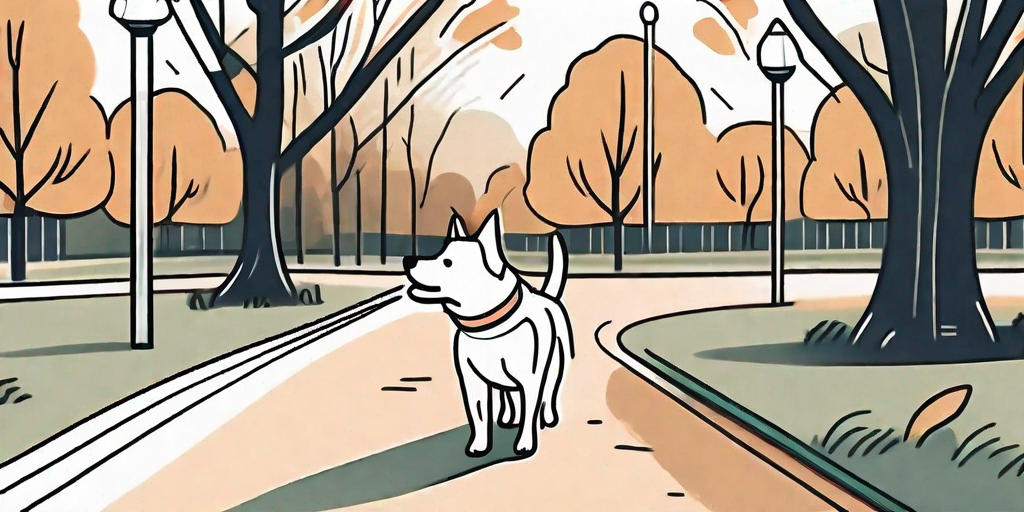 A happy dog on a leash walking through a park