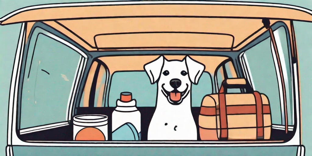 A car packed with various dog-friendly items like a leash