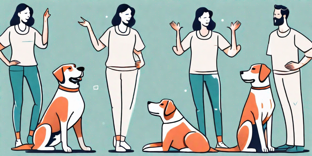 A dog trainer using various body postures and gestures to communicate with a dog