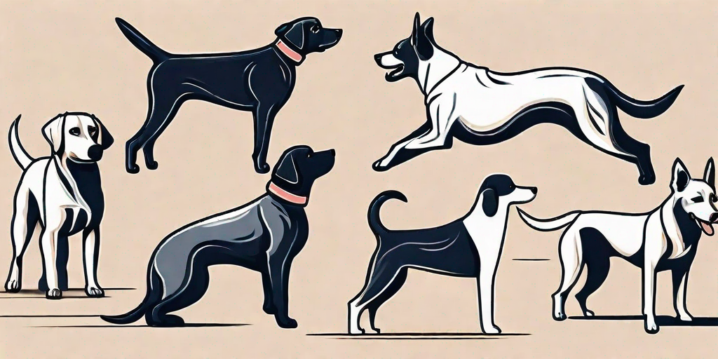 Various breeds of dogs engaged in different training activities and canine sports like agility courses