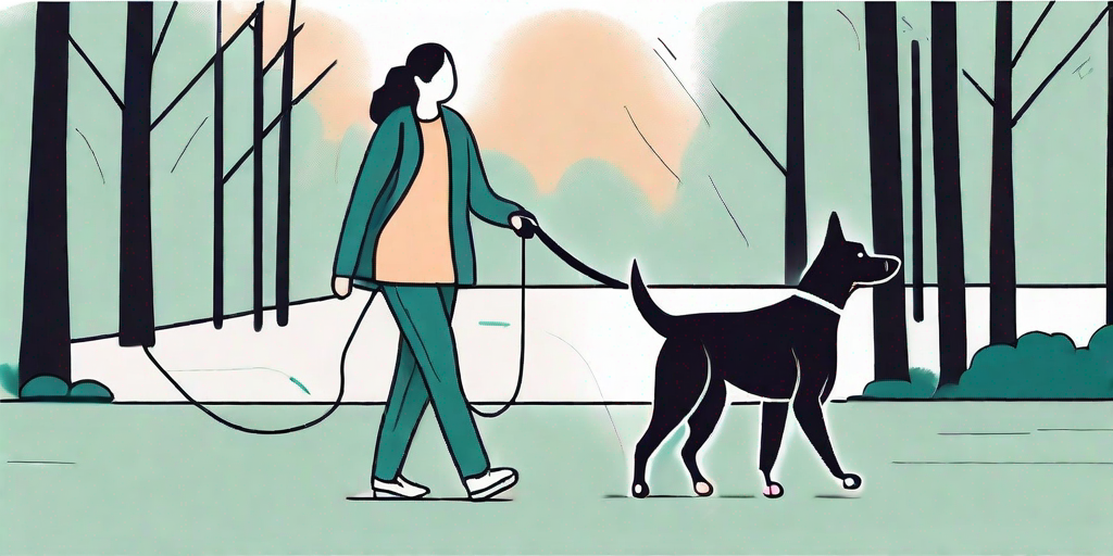 A well-behaved dog walking on a leash in a park