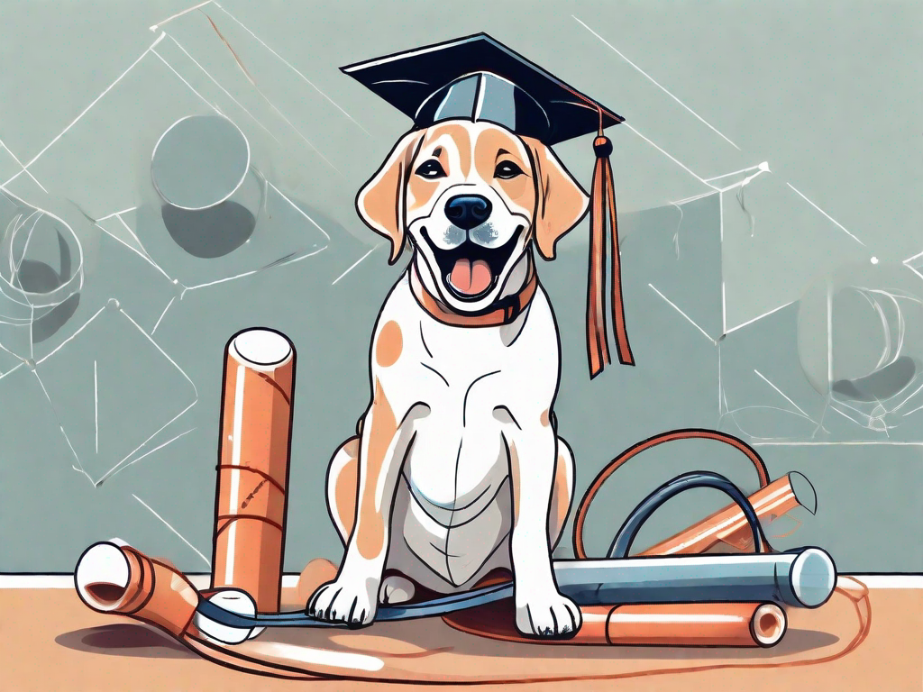 A cheerful puppy wearing a graduation cap and holding a diploma in its mouth