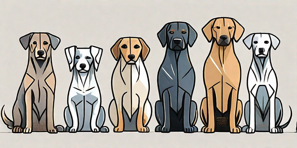 Several different dog breeds standing in a row