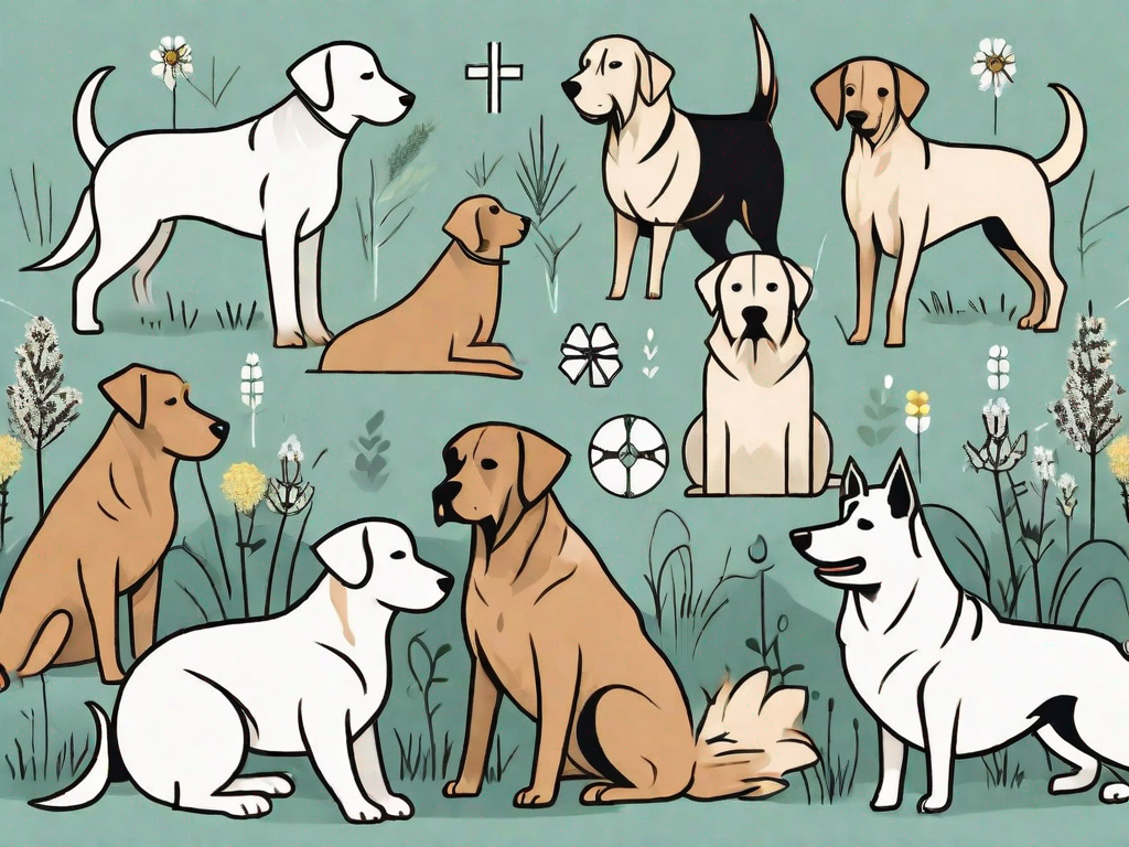 Several different breeds of dogs surrounded by various allergy-friendly symbols