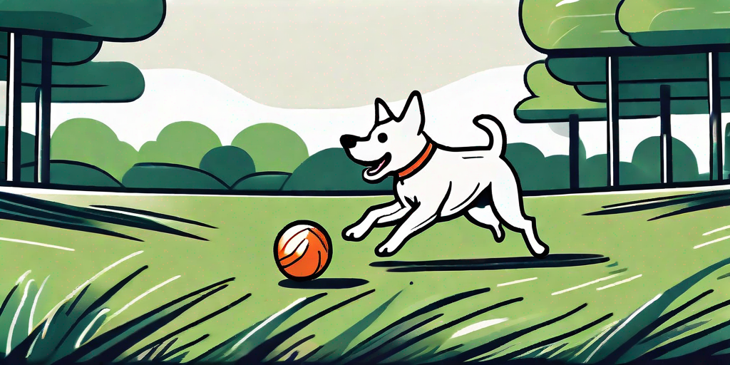 A dog happily chasing and playing with a rolling ball on a grassy field