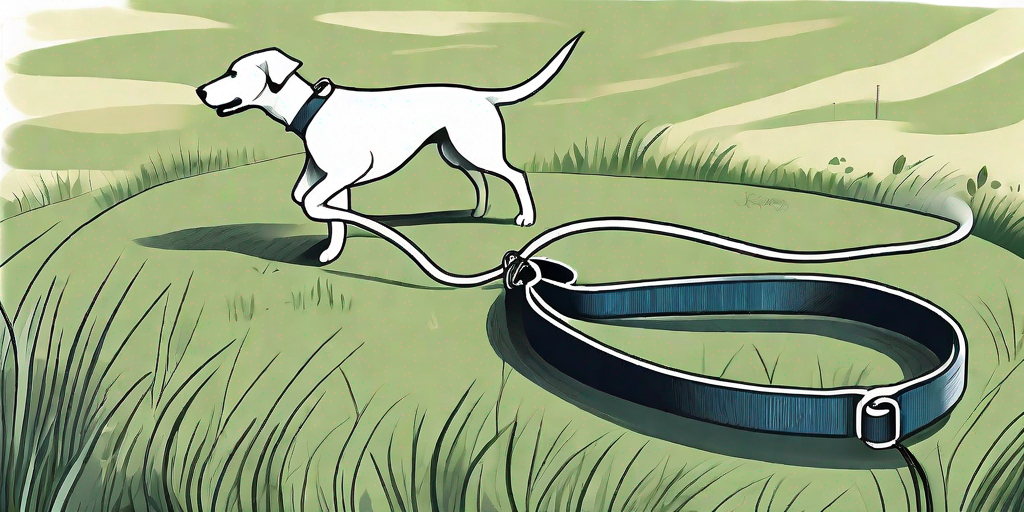 A long schleppleine (training leash) coiled neatly on a grassy field with a dog collar and a dog whistle nearby