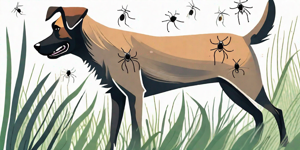 A dog in a grassy outdoor setting with a magnified view showing ticks on its fur
