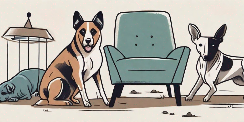 A few different breeds of dogs displaying various problematic behaviors such as chewing furniture