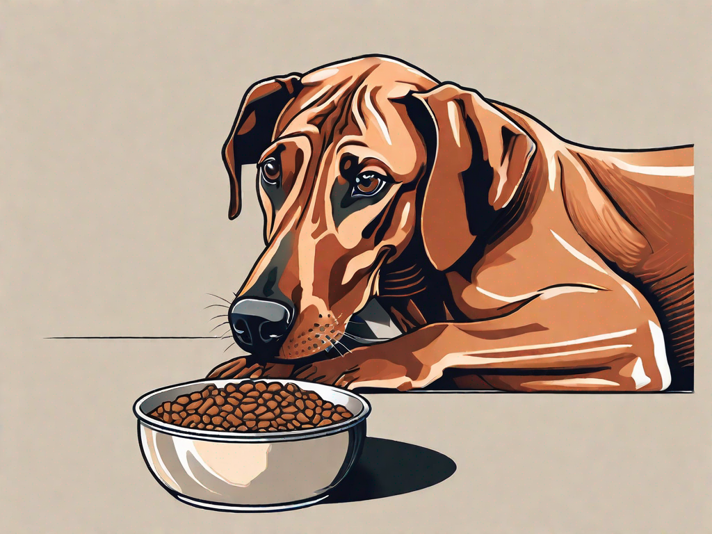 A rhodesian ridgeback dog happily munching on a bowl of nutritious dog food