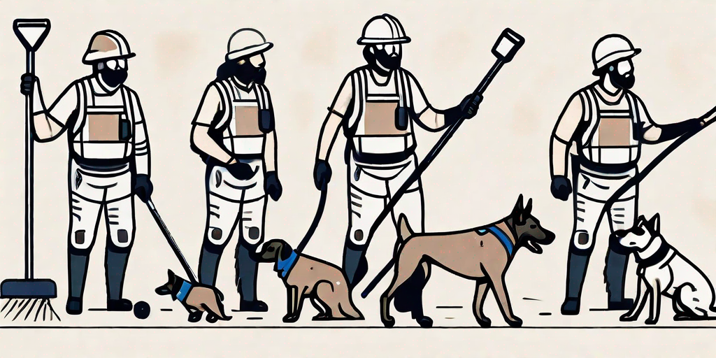 A series of minenhunds (mine-detecting dogs) evolving over time