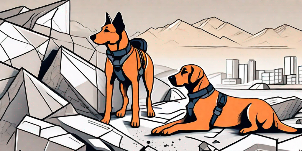 Search and rescue dogs amidst rubble