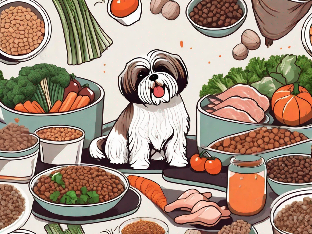 A shih tzu dog happily munching on nutritious dog food