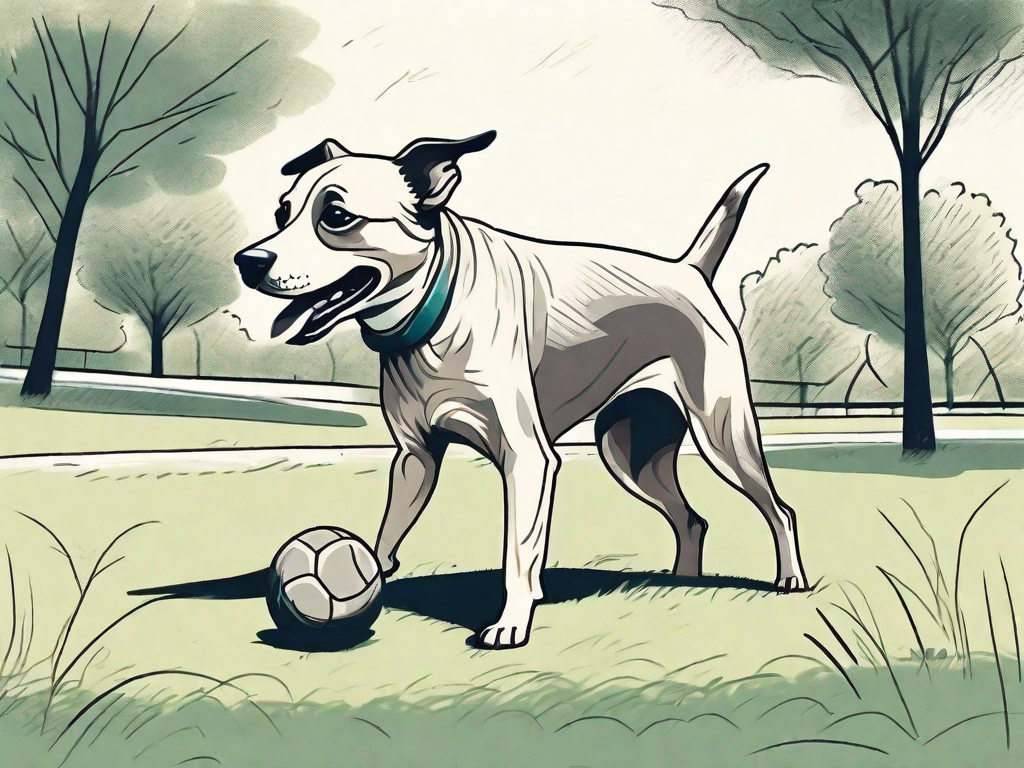 An elderly dog energetically playing with a ball in a lush park
