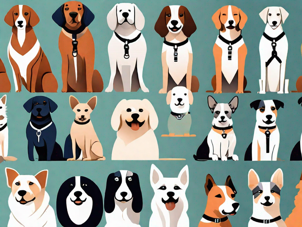 A variety of dog breeds each wearing a different style of harness or collar