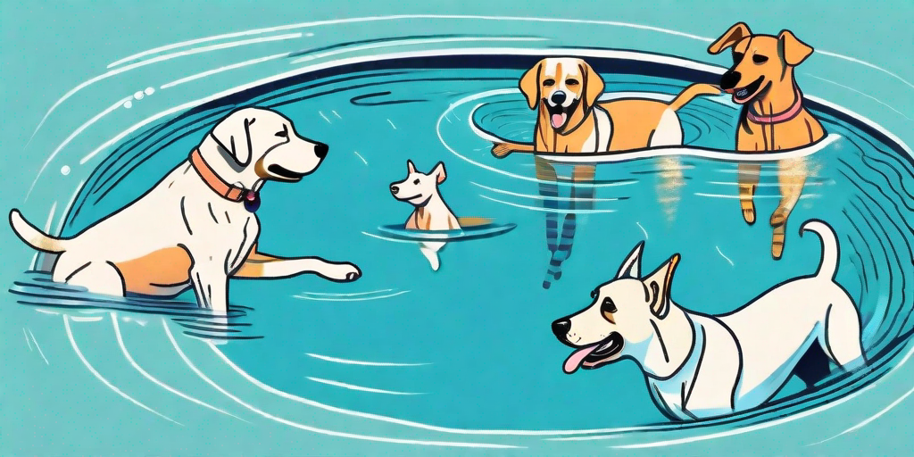 Various breeds of dogs happily swimming and playing with water toys in a sparkling blue pool on a sunny summer day