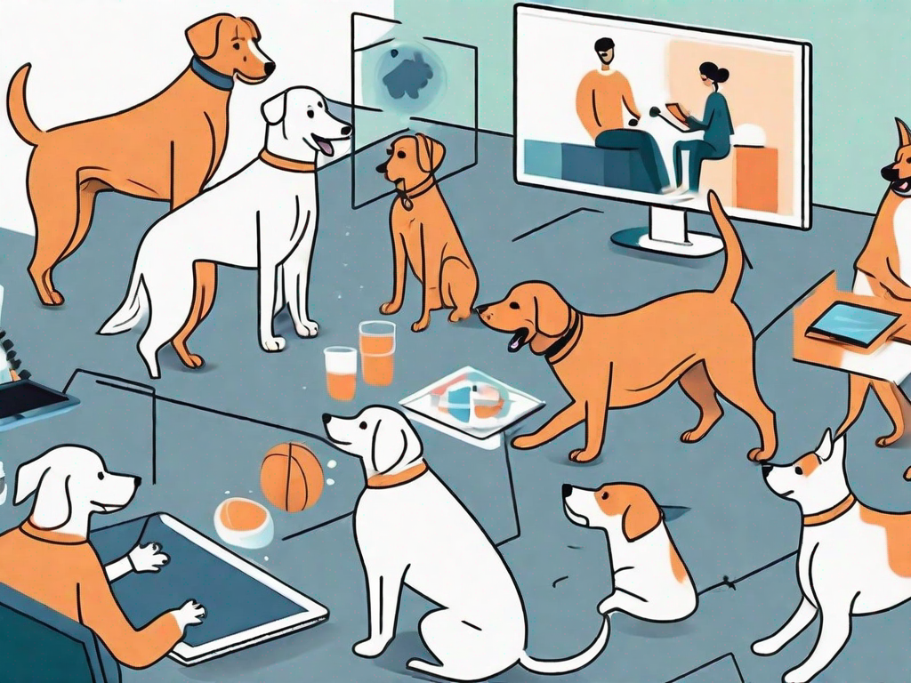 A variety of dogs engaging in different educational activities such as looking at a screen showing a dog video