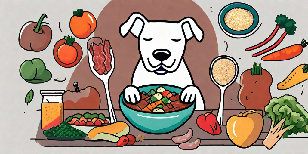 An adult dog happily eating from a bowl filled with a variety of colorful