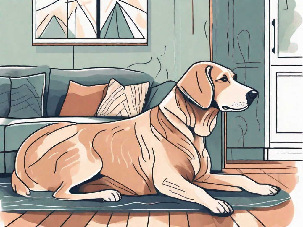 A joyful older dog with a wagging tail in a cozy home setting