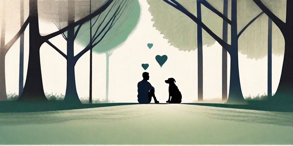 A dog and a human silhouette sitting side by side in a serene park
