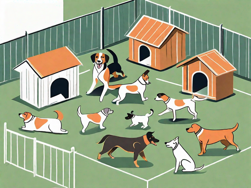 A local dog shelter with various breeds of dogs happily playing in an outdoor area