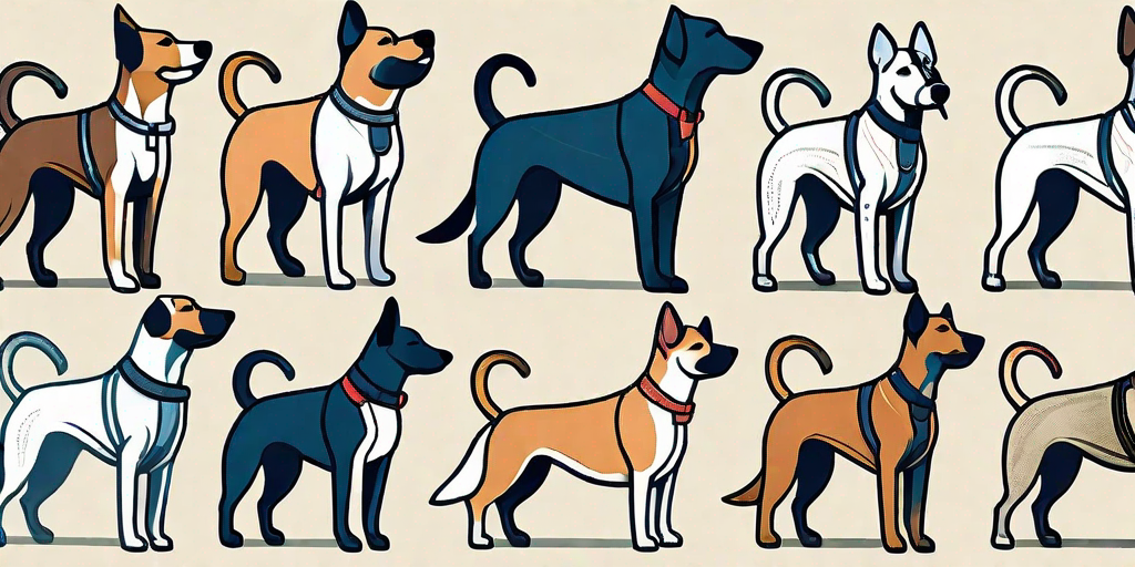 Various types of dog harnesses displayed on different breeds of dogs