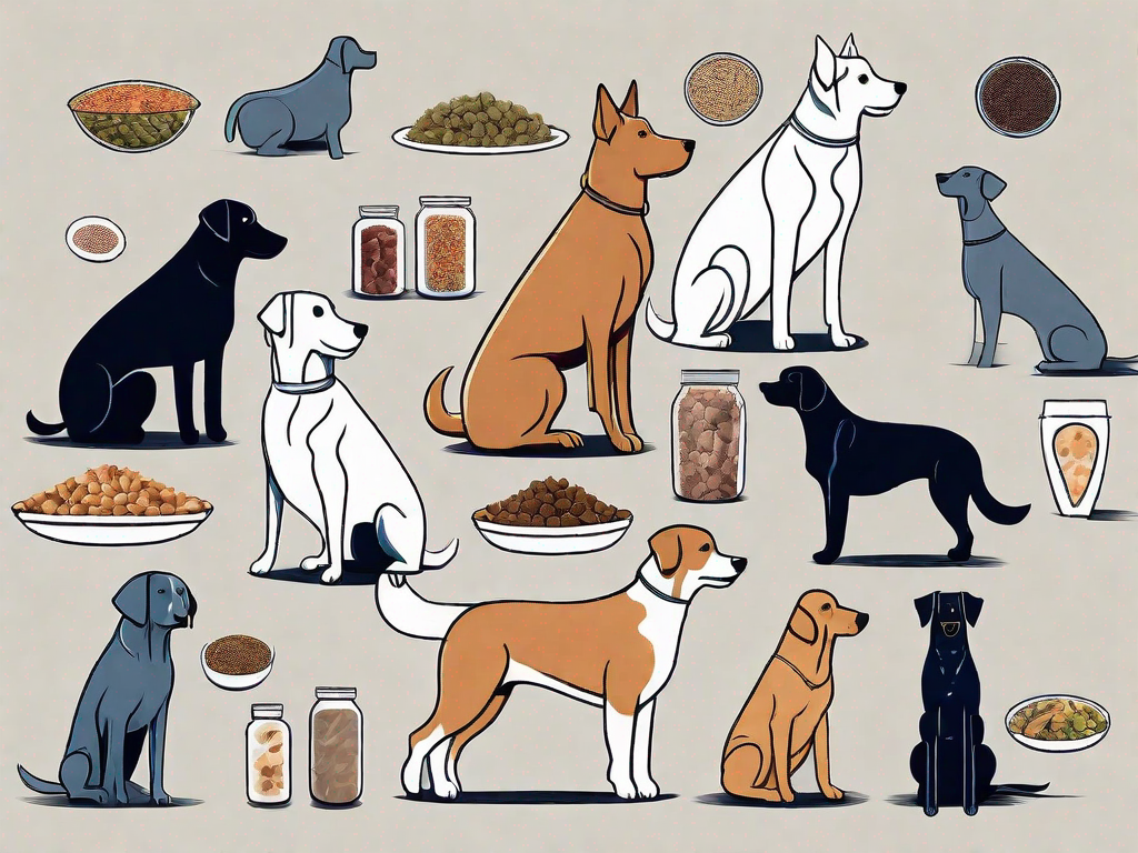 Different types of dog breeds attentively looking at a variety of special diet food options such as raw food