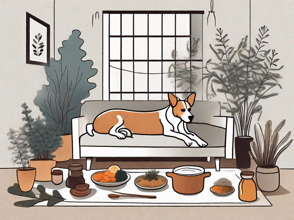 A cozy home setting with a dog comfortably resting on a soft bed