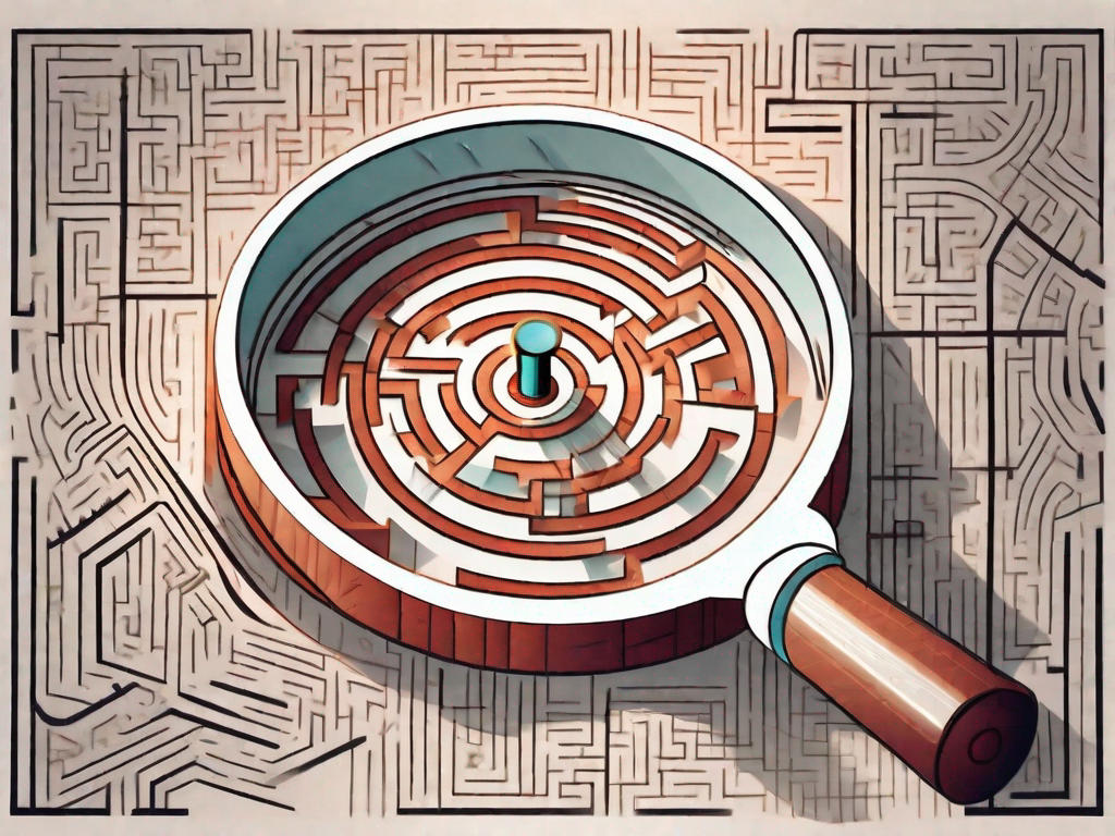 A magnifying glass hovering over a complex maze
