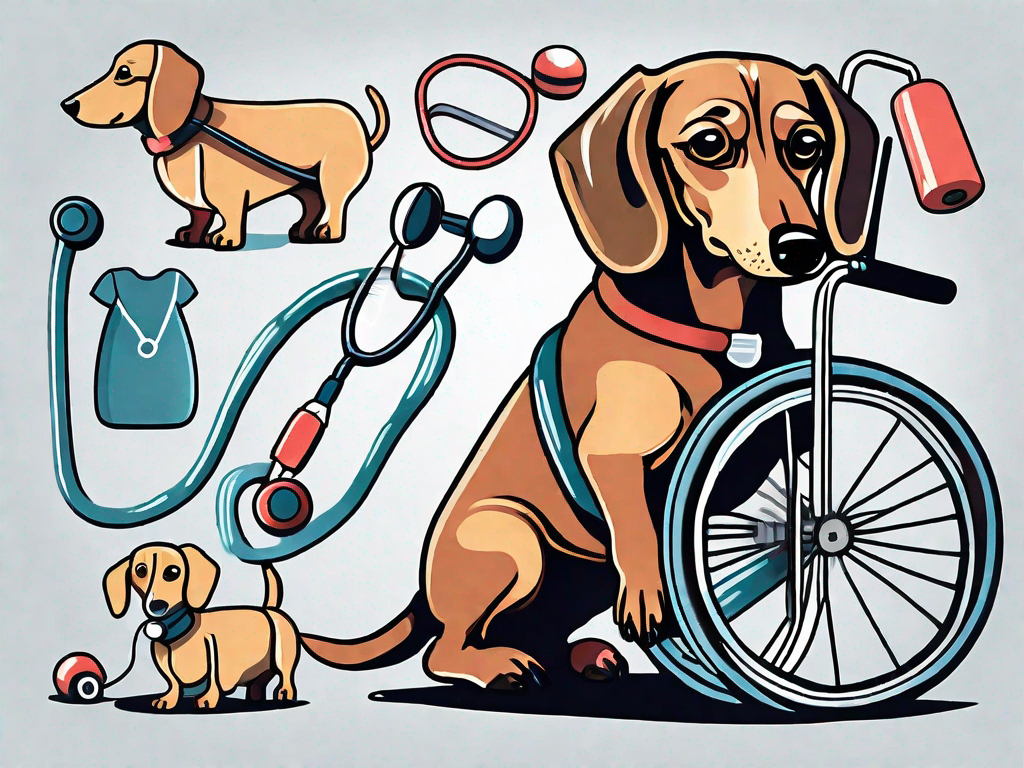 A concerned dachshund in a wheelchair