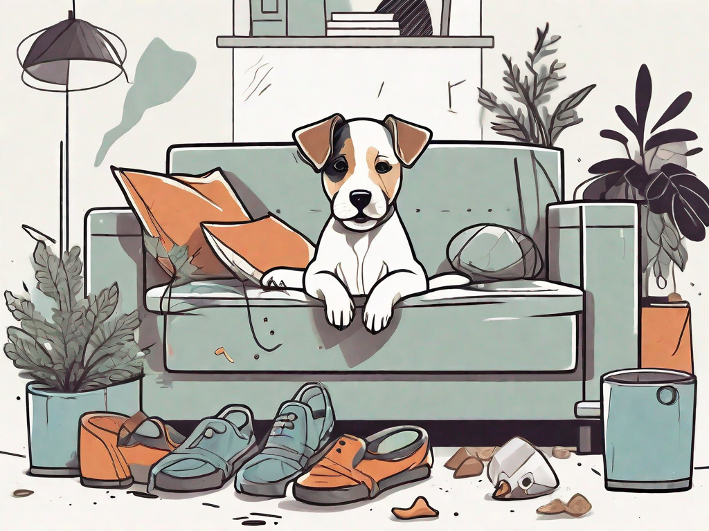 A mischievous puppy surrounded by chewed up household items like shoes