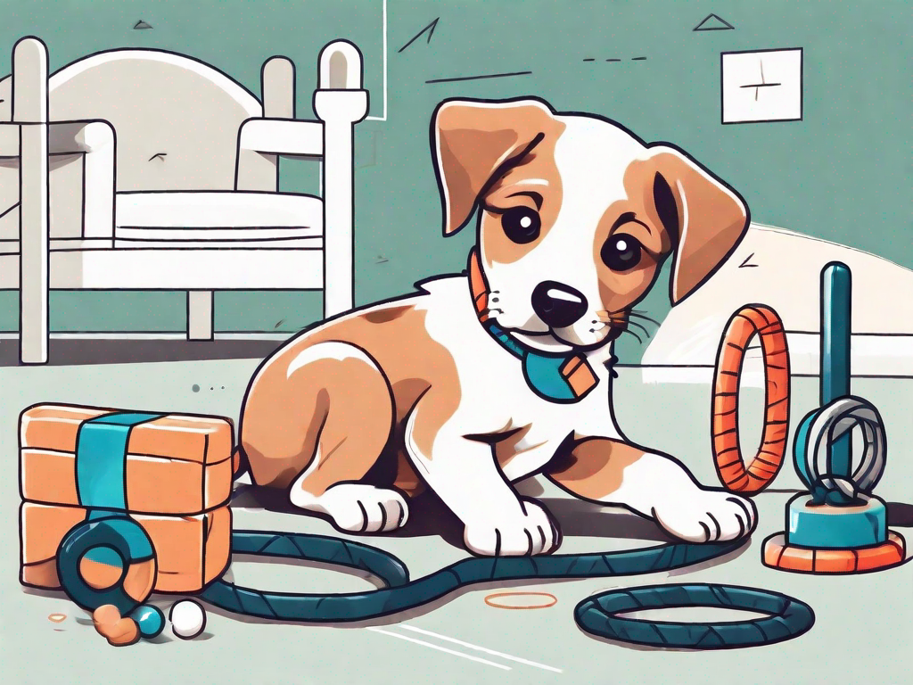 A playful puppy sitting obediently with a variety of training tools such as a leash
