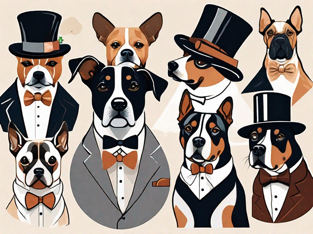 Various breeds of dogs with sophisticated accessories like top hats
