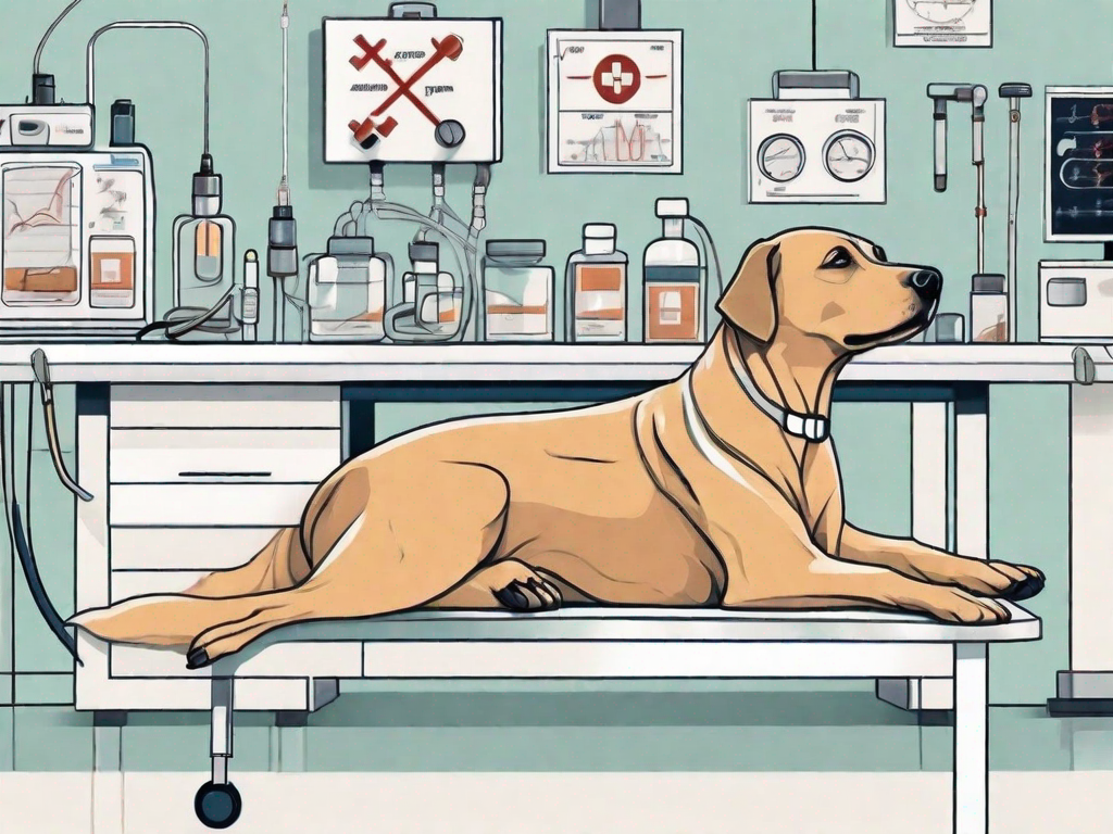 A dog lying peacefully on a veterinary table with medical equipment around