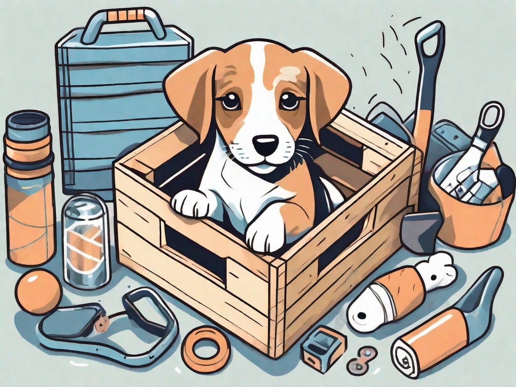 A playful puppy surrounded by various house training tools like a crate