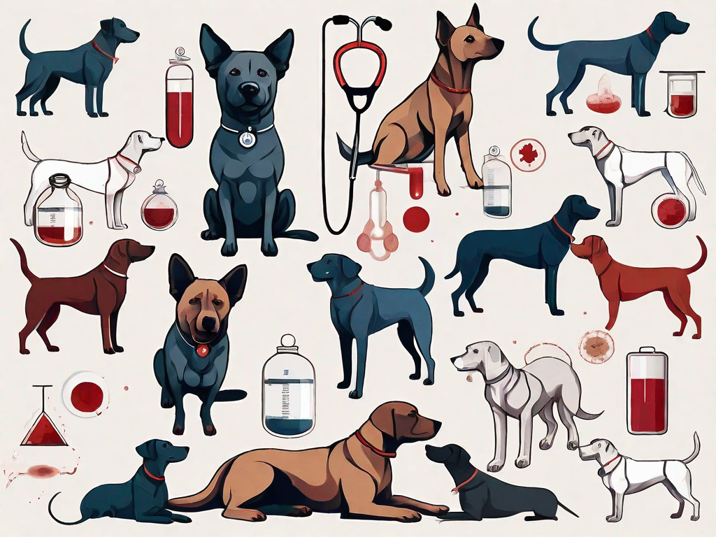 Different breeds of dogs with various symbols representing their blood types